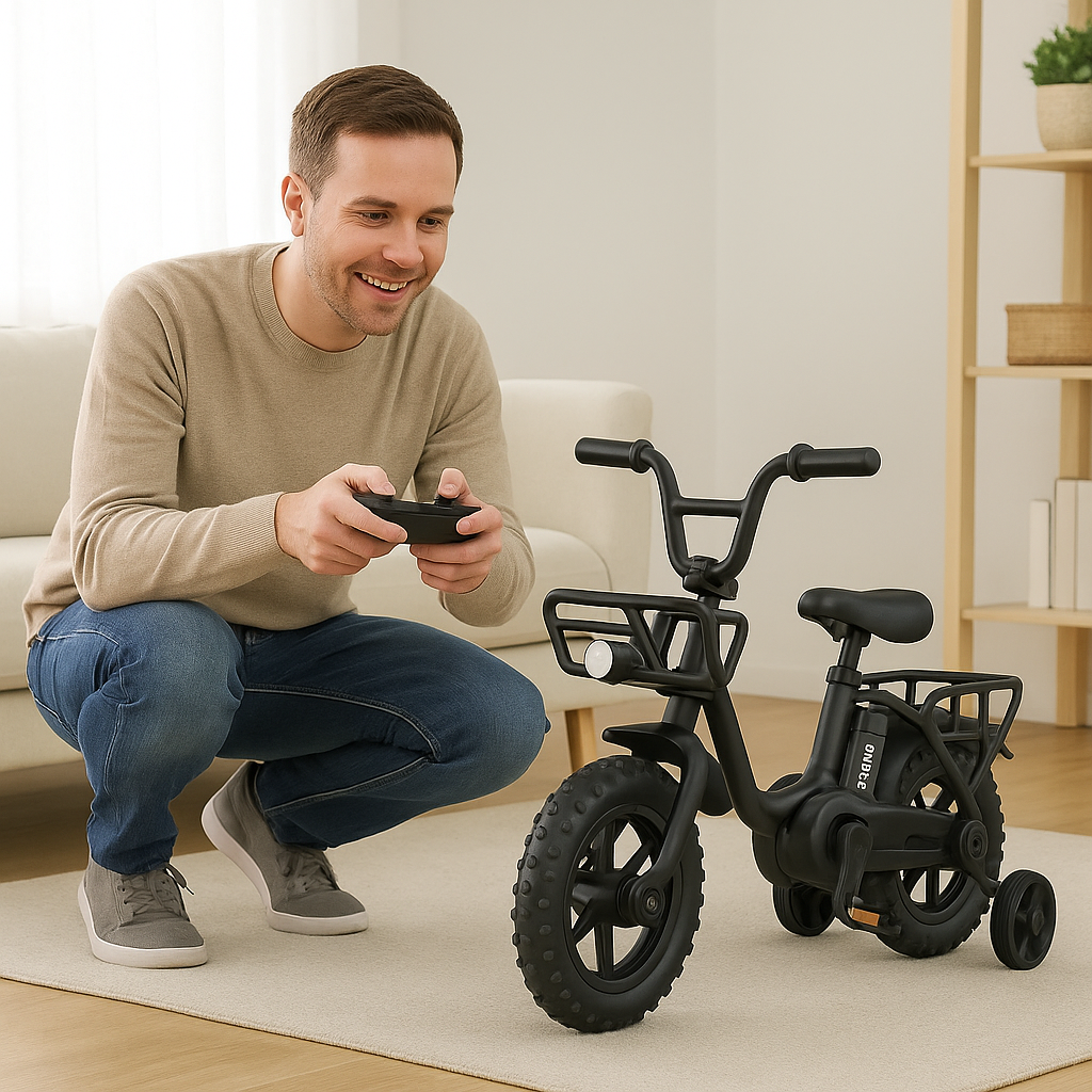 Barn som använder den elektriska leksakscykeln på ett säkert sätt - demonstrerar korrekt användning och skerhetsriktlinjer